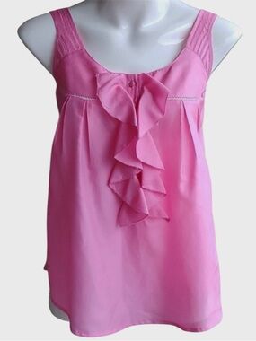 Anthropologie Stamp Ladderlace Barbie Pink silk blend Ruffle Sleeveless Top